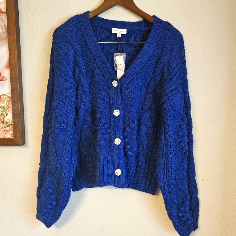 Koko + Mason NWT Blue Cable Knit Cardigan Pom Pom Sweater Pearl Buttons Large